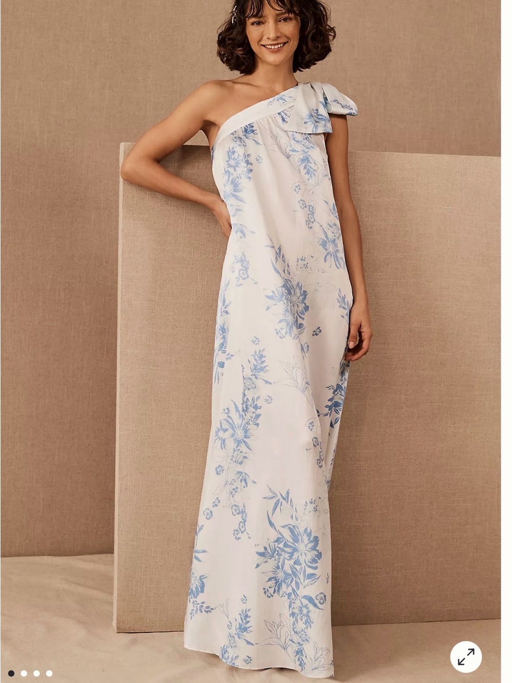 BHLDN Lana One-Shoulder White Maxi Dress with Blue Floral Print